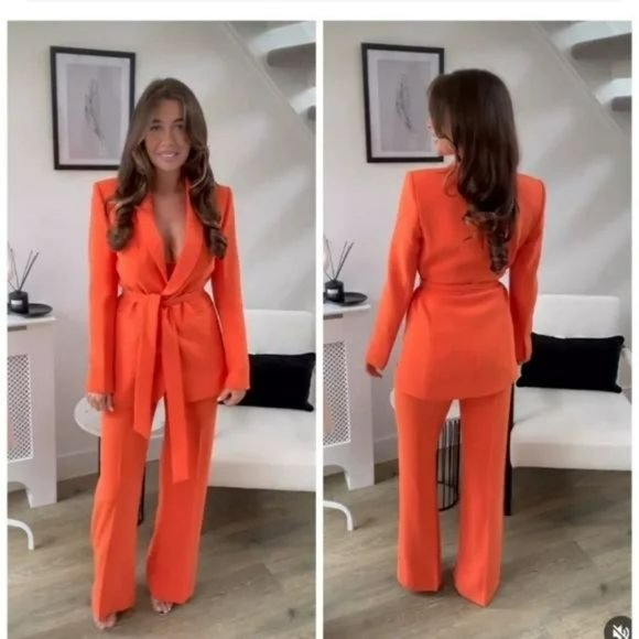 ZARA 2 PIECE BELTED TUXEDO COLLAR BLAZER AND HIGH WAISTED PANTS - Picture 6 of 10